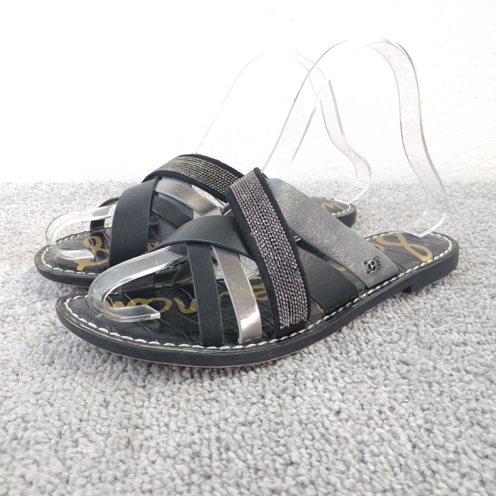 Sam Edelman Glennia Slide Sandals Womens 6 Black Silver Metallic Strappy Shoes